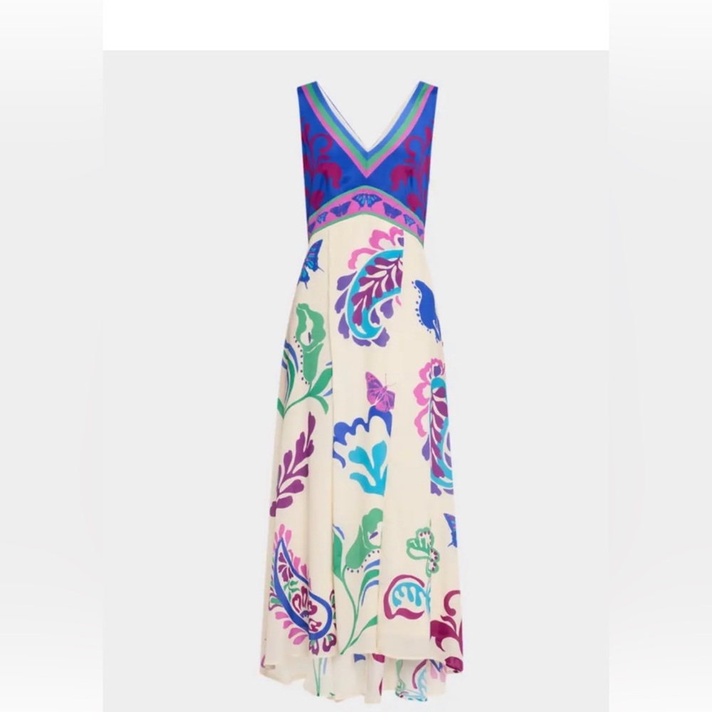 Johnny Was Cream Maxi Dress with Blue, Purple, Pink, Green Accents. Lined. SNWT.